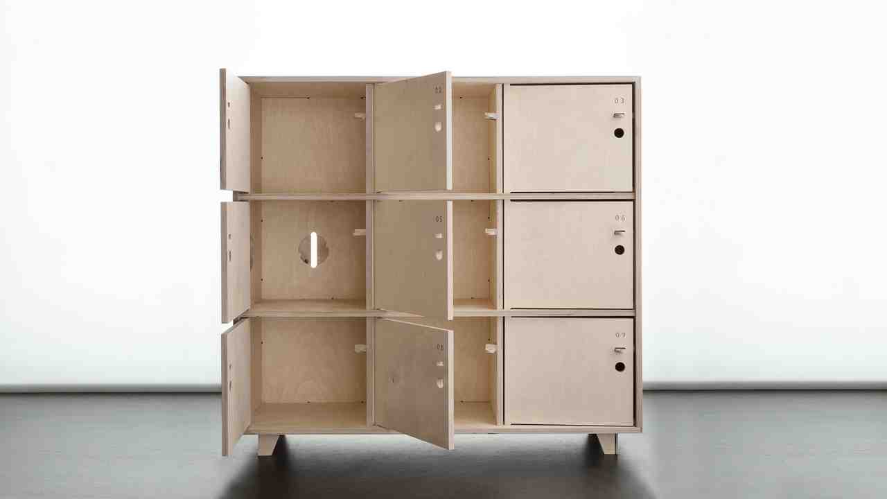Open doors of Opendesk, Wooden, Fin Lockers, Lockers, Plywood, Hub, Workspace, Scarlett San Martin